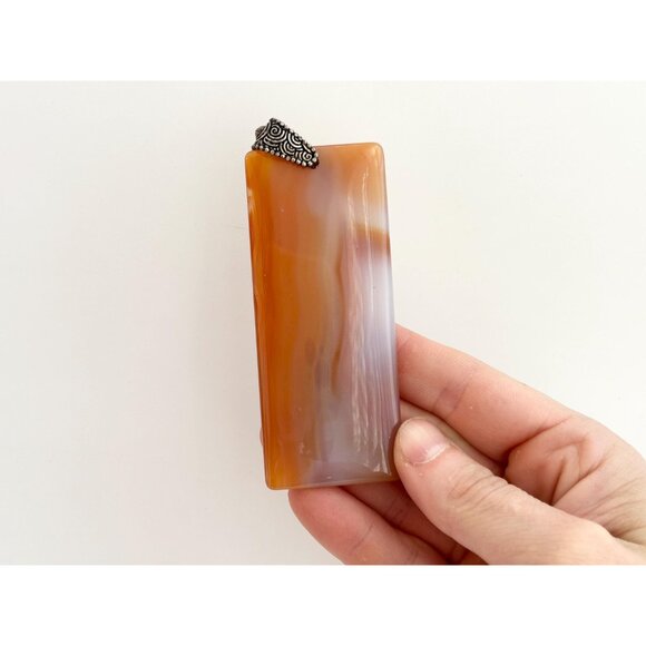 Carnelian Agate Stone Rectangular Geometric Shaped Large Silver Vintage Pendant - Picture 5 of 12
